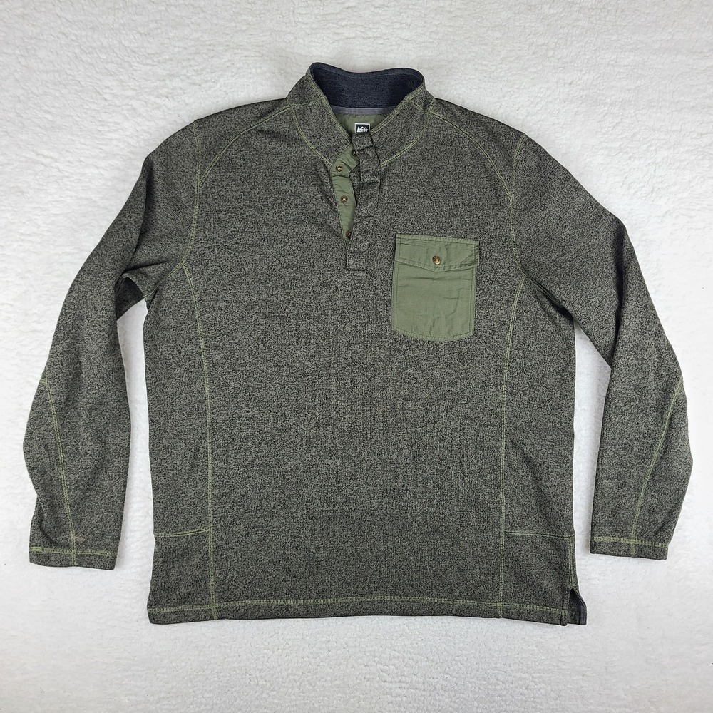 REI Fleece Sweater Mens XL Olive Green 100% Polyester Quarter Button Sweatshirt‎